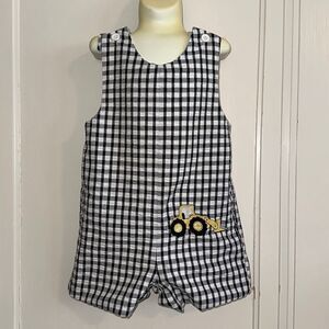 Vtg Kelly’s Kids black & white check summer romper/shortalls/front end loader